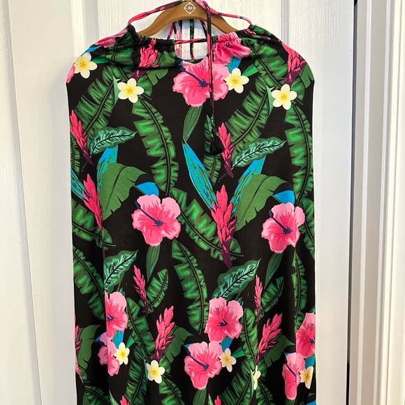 Colleen Lopez Halter Dress Vibrant Hibiscus Rayon Spandex Knee Length Large - Picture 2 of 13